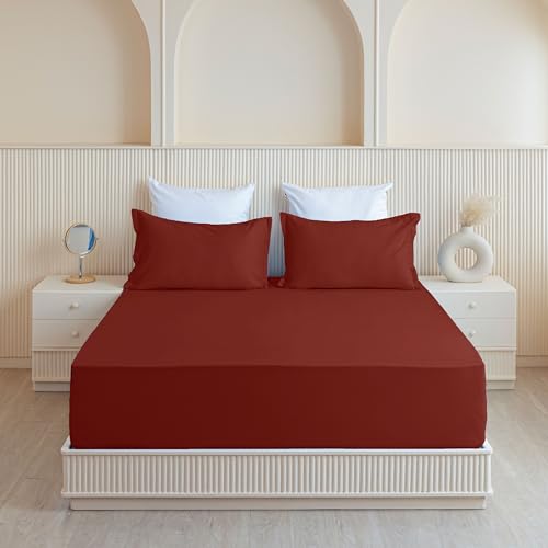 Image of HOMEMONDE Cotton Fitted Bedsheet for Single Bed Size - 72x36 Inches Maroon Elastic Sheet with 1 Pillow Cover, 210 Thread Count, Comfort Cotton Bedsheets for Home | Perfect for Home Decor & Gifting