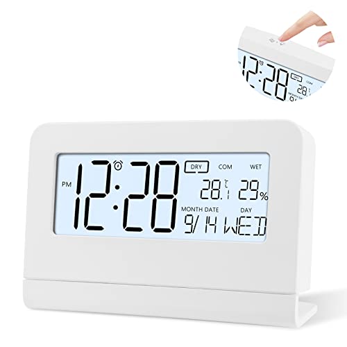 DTKID Réveil numérique, Fonctionnement sur Batterie côté lit, Horloge de Table à Affichage LCD avec Snooze, Affichage de la température, Date, température, 12/24h, rétroéclairage pour Voyage, Chambre Cover
