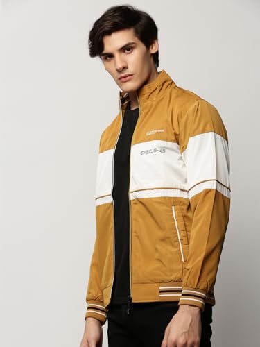 Image of SHOWOFFFF Men Colourblocked Bomber Jacket | Mock Collar Full Sleeves Nylon Jacket for Mens | Slim Fit Regular Length Jacket for Men's
