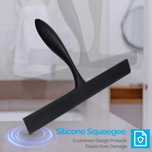 Image of FY&XZH Never Rust Silicone Shower Squeegee for Glass Doors with Hook, Bathroom Cleaner Tool, Household Window and Mirror Squeegee, Ergonomic Thick Handle Squeegee for Shower Glass, 11-Inch (Black)