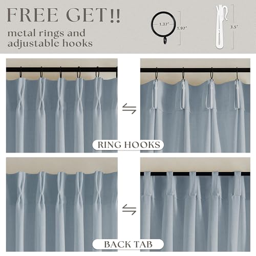 Image of Light Blue Linen Curtains 102 Inches Long for Living Room Pinch Pleated Drape with Hooks Rings for Track System Light Filtering 102 Inch Curtain for Bedroom Sliding Patio Door 2 Panels Dusty Blue