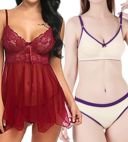 Image of Love Maker Babydoll Lingerie Bra Panty Set Undergarments for Women Honeymoon Nighties Small to 3XL