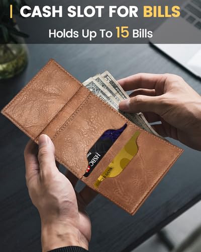 Wallet for Men with RFID Blocking, Minimalist Smart Credit Card Holder with Pop-Up Mechanism, Holds 12-14 Cards, Slim Wallet Includes Coin Pocket & Cash Slot, Genuine Leather, Gift for Men, Brown2