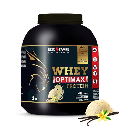 WHEY OPTIMAX PROTEIN +74% Protéines Bi-sources: WPC + Protéine Brevetée, 17g BCAA, 11g Glutamine, Peu Sucrée et Onctueuse |Idéal pour la Prise de Masse Musculaire| Vanille 500g - Eric Favre