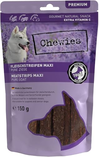 Chewies Fleischstreifen Maxi aus 100% Ziege - 150 g - Fleischstreifen für Hunde - getrocknete Ziegenfleisch Kaustreifen - hypoallergen & getreidefrei - Dörrfleisch von der Ziege (Packung mit 5)