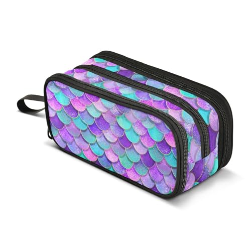 Image of Pink Blue Purple Mermaid Scales Pencil Case Box Boys Girls Large Pencil Pouch Zipper Compartments Big Capacity Stationery Pen Bag Organizer for Kids Teens Adults School Office