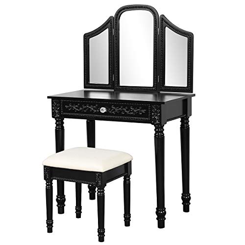 CHARMAID Vanity Set with Tri-Folding Mirror and Cushioned Stool, Makeup Dressing Table