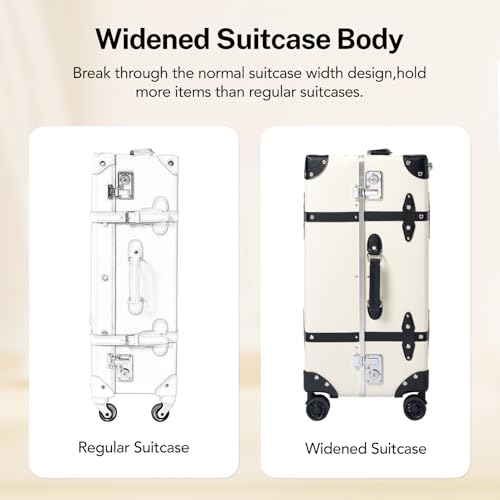 Image of Vintage PU Leather Luggage Set, Retro Trunk Suitcase with Wide Aluminum Frame, TSA Key Locks and Smooth 360 Spinner Wheels (Ivory Signature,26 inch+12 inch)