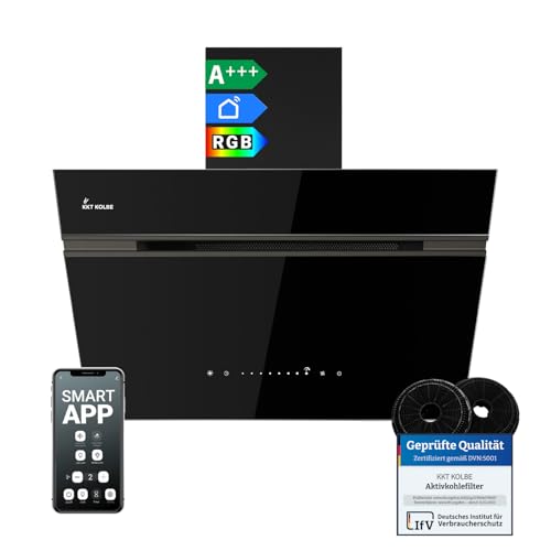 KKT KOLBE A+++ Dunstabzugshaube 60 cm 782 cbm/h Umluft Abluft Kopffrei Wandhaube | Schwarz | Glas | Nachlaufautomatik | Smart WiFi App WLAN | SensorTouch | RGBW LED-Beleuchtung | AURORA6005FB