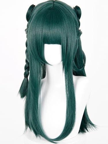 Image of Half and Half Maomao Cosplay Wig + Braid Hair Clips, 22.8'' Long Straight Dark Green Anime Wigs with Bangs for Women Halloween Party Daily
