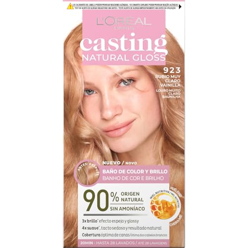 L'Oréal Paris Casting Natural Gloss, Baño de color y brillo, Cobertura óptima, Con Acondicionador Nutritivo con Miel, Sin Amoniaco, Color: Rubio Muy Claro Vainilla 923