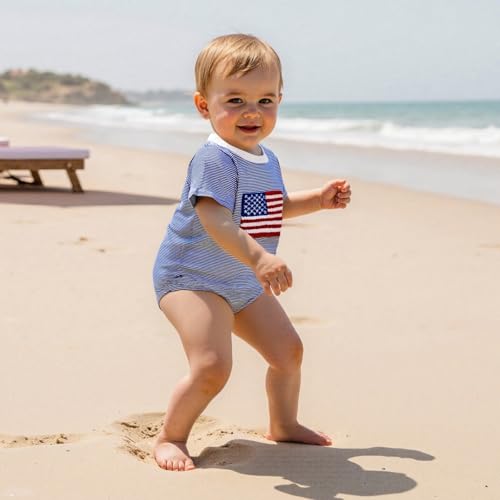 Madjtlqy Baby Boy Girl 4th of July Outfit Letter Print Short Sleeve Oversized Bubble Romper Cute Infant patriotic clothes2