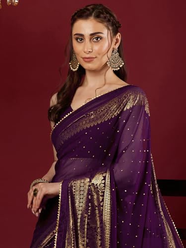 Image of SAMAH Women's Georgette Foil Printed Lace Work Saree with Unstitched Blouse Piece