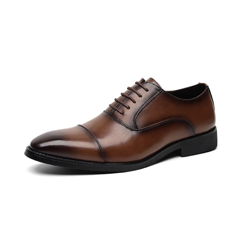 HOOENG Shoes Dress Oxford for Men Lace Up Round Burnished Toe Leather Cap Toe Derby Shoes Rubber Sole Low Top Slip Resistant Classic (Color : Brown, Size : 6.5)