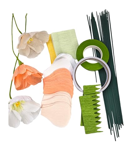 Mybbshower Crepe Paper Flower DIY Making Kit, Icelandic Poppy, Assorted Colors Peach White Orange 24 Count