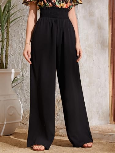 Image of Milumia Girl's Casual Smocked Paperbag High Waist Pocket Wide Leg Pants Black 10Y
