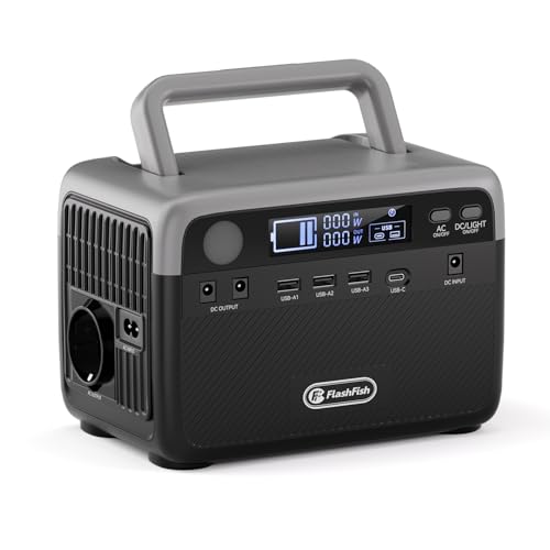 FlashFish 230,4 Wh Generador eléctrico portátil, batería LiFePO4 300 W (pico 600 W) con 2x puertos CC, 4x puertos USB, iluminación LED, estación eléctrica para camping, RV, viajes, corte de corriente