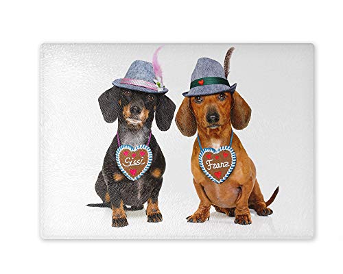 Schneidebrett/Glasschneidebrett 20x28x0,4cm - Motiv: Dackel mit Hut und Lebkuchenherz | 01