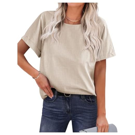 Chigant Short Sleeve Linen Shirts for Women Causal Boxy Oversized Shirt Crew Neck Work Blouse Tunics Khaki