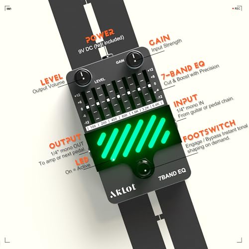 Image of AKLOT 7-Band Equalizer Guitar Pedal: Precise Frequency Shaping, (100Hz 200Hz 400Hz 800Hz 1.6kHz 3.2kHz), Compact Mini Electric EQ Guitar Pedal with True Bypass, NEON Spectrum