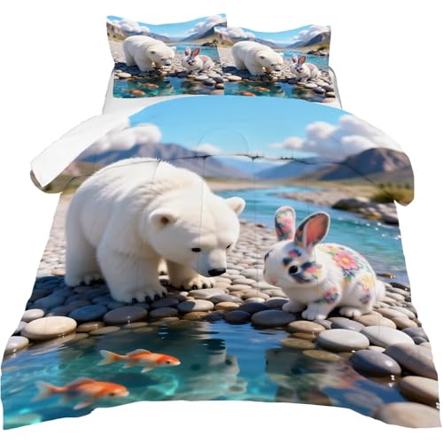 Image of Cute Animal Comforter Set Full Size Kids Bedding Sets for Girls Boys Teens Bedroom 3D Nature Wildlife Mountain Stream Bear Rabbit Quilt 1 Comforter 2 Pillowcases