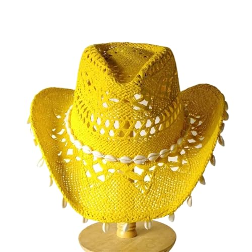 Chapeau de cowboy en paille fait main avec coquilles pour femme
