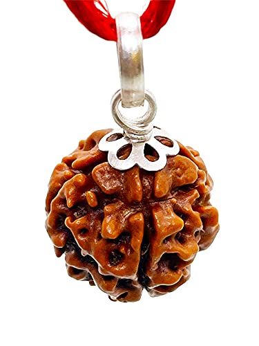 Image of Siddha 4 /Four Mukhi Pure Rudraksha, Laboratory Certified, Carefully Capped with Silver Between Nepalese Beads with Handmade Tassel, Size 16mm-22mm, Color-Brown (4 Mukhi Silver Rudraksha)