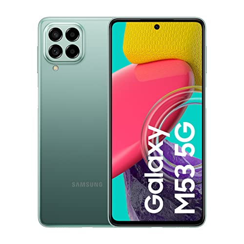 Samsung Galaxy M53 5G (128 GB) グリーン - ロック解除された携帯電話、8GB RAM を搭載した Android スマートフォン (スペイン語版)