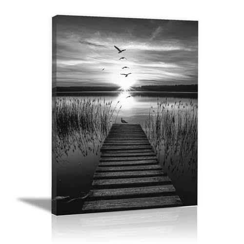 Affiche deco mural lever de soleil sur un lac cadre noir et blanc HOQIU 60x80 cm