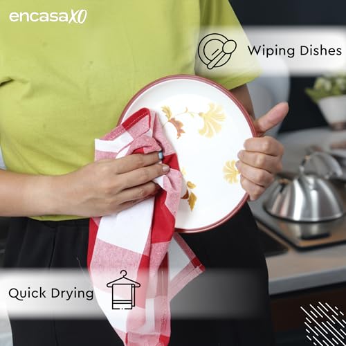 Image of Encasa XO Kitchen Towels Cotton Pack of 4 | 70x45 cm, Buffalo Red Checks - Dish Cloths | Highly Absorbent Cleaning & Wiping Cloths for Kitchen | Reusable Tea Towels