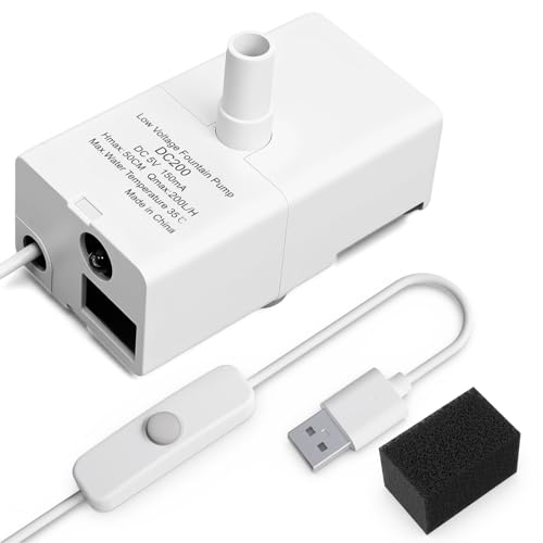 D443 Pet Water Fountain Replacement Pump Compatible with 50oz & 95oz Cat/Dog Fountains Ultra Quiet USB-Powered Long-Lasting Easy to Clean (With Black Filter Cotton)