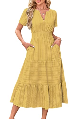 VEVESMUNDO Damen Kurzarm Sommerkleid Baumwolle Casual A-Linie Kleider Rundhals Freizeitkleid Leinenkleid Langes Kleid mit Taschen (Gelb,L)