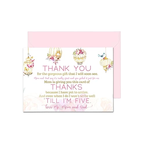 Fancy Floral Baby Shower Thank You Cards and Envelopes (15 Pack) Girls Notecards with Printed Note from Newborn Pink and Gold Butterfly Stationery Set 4x6