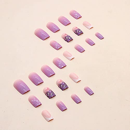 Square Fake Nails French Tip Press On Nails Medium Butterfly False Nails With Glitter Designs Purple Gradient Acrylic Artificial Nails Glossy Full Cover Glue On Nails For Women Girls 24Pcs #TOP1