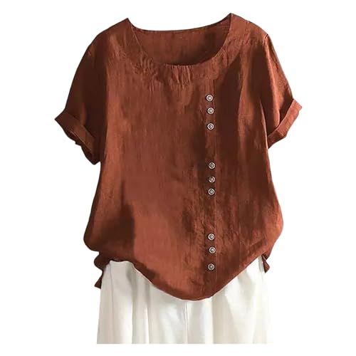Generisch Haut tunique grande taille en coton et lin pour femme, décontracté, ample, respirant et confortable, chemisier bohème (marron, XXXXXL)