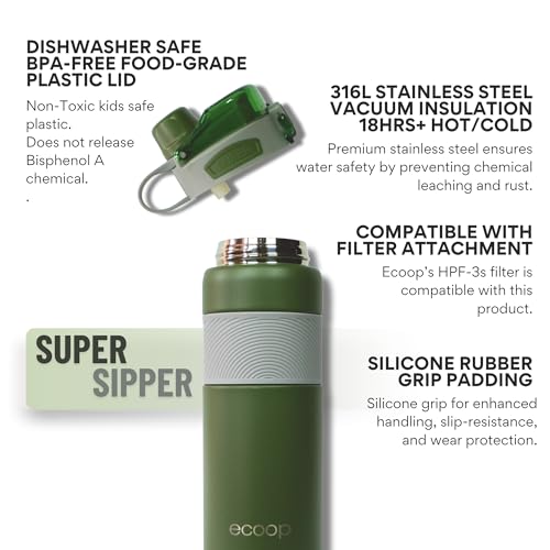 Image of ecoop Super Sipper Insulated Water Bottle | 316L Stainless Steel | 18Hrs Hot & Cold | Dual-Lid Sipper | Leak-Proof | BPA Free | for Travel, Gym, Office
