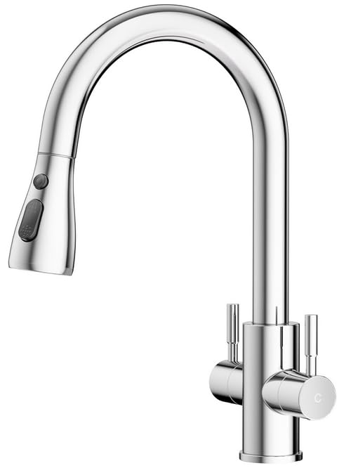 FORIOUS Kitchen Mixer Tap, Monobloc Dual Lever Sink Mixer Tap 1 Hole with Dual Lever 360 Swivel 3 Way Kitchen Faucet, Polished Chrome