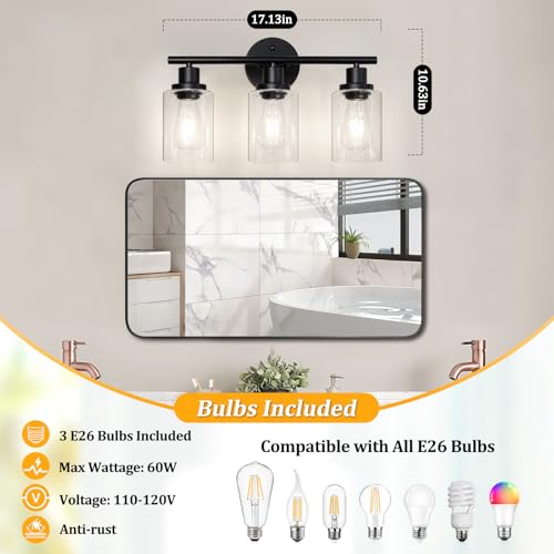 Image of Unicozin Modern Bathroom Light Fixtures, 3 Light Vanity Lights with E26 Bulbs, Black Wall Lamp with Clear Glass for Mirror Living Room Hallway Cabinet Porch