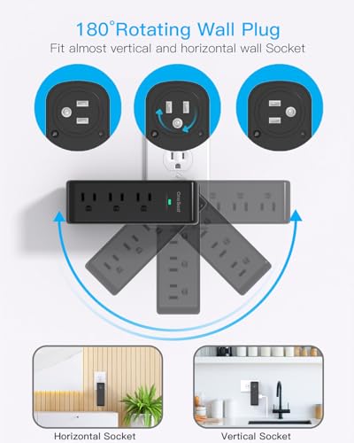 Image of Surge Protector Outlet Extender, 9 AC Multi Outlet Wall Plug with Rotating Plug, 1800J Wall Charger, 3-Sided Power Strip Electrical Plug Adapter Outlet Splitter for Home Office Dorm, Black