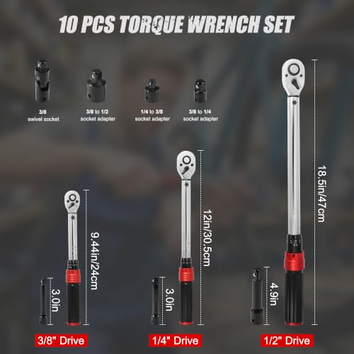 Image of 10PCS Click Torque Wrench Set 1 /4 3 /8 1 /2 Drive 72-Tooth ±3% Accuracy Kit | Torque Range 2-210 Nm Torque Wrenches with Adapters Storage Case for Bike Motorcycle Car Truck Mechanical Repair Maintenance