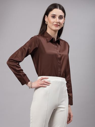 Image of Style Quotient Women Olive Satin Regular Formal Shirt