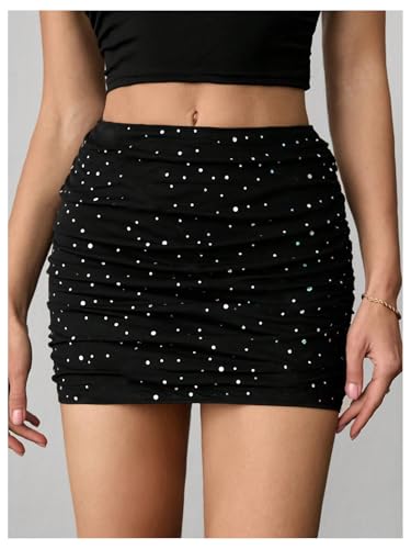 SweatyRocks Women's Sequin Mesh Mini Skirt High Waist Ruched Bodycon Skirts4