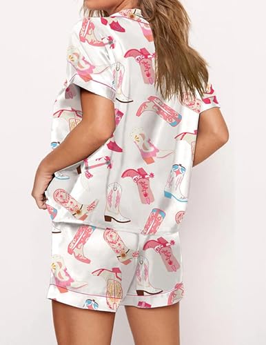 Womens 2 Piece Cowgirl Pajamas Satin Silk Western Cute Pjs Cowboy Boots Short Sleeve Button Up Shorts Pjs Loungewear3