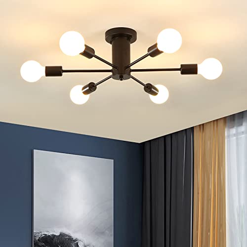 LJHhowe Semi Flush Mount Ceiling Lamp Black 6 Lights Sputnik Chandeliers E26 Base Mid Century Ceiling Light Fixture Modern Chandelier for Dining Room, Foyer, Kitchen, Bedroom, Living Room