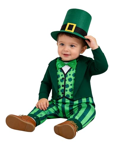 WonderPapa Infant Lil Leprechaun Outfit Baby First St Patrick's Day Lucky Clover Long Sleeve Romper with Hat (18-24 Months,Green)