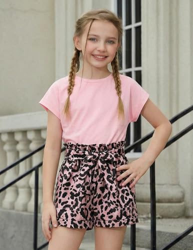 Image of Arshiner Girls 2 Piece Outfit Summer Drop Shoulder Batwing Sleeve Tops and Paperbag Waist Shorts Set Cute Clothing Size 6-14