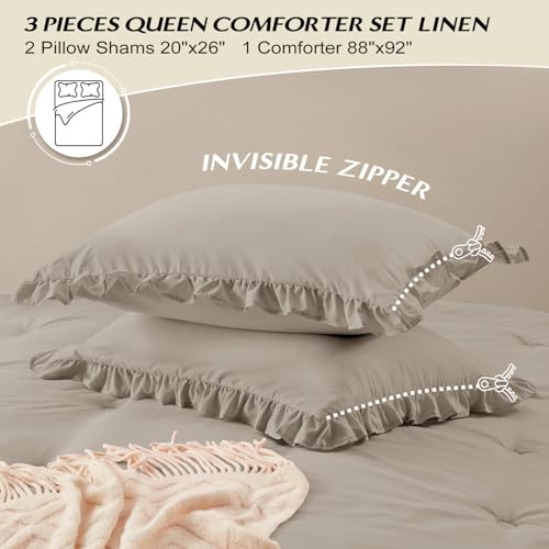 Image of HARBOREST Queen Comforter Set Linen - Ruffle Comforter for Queen Size Bed, Fluffy Queen Size Comforter Set for All Seasons, 3 Pieces(1 Comforter & 2 Pillow Shams)