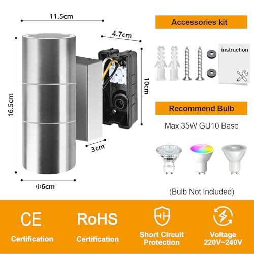 Image of Kerry Outdoor Wall Lights, IP65 Waterproof Up Down Outside Lighting Mains Powered, Silver Stainless Steel Wall Sconce, External Wall Mount Lamp for Front Door, Porch - 2 Pack (Bulb not inc.)