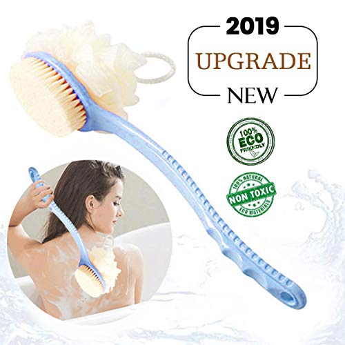 ASEOK Shower Body Brush con cerdas y esponjas de baño, esponja de malla para baño con depurador trasero con mango largo curvo para baño exfoliante de piel, hombres y mujeres