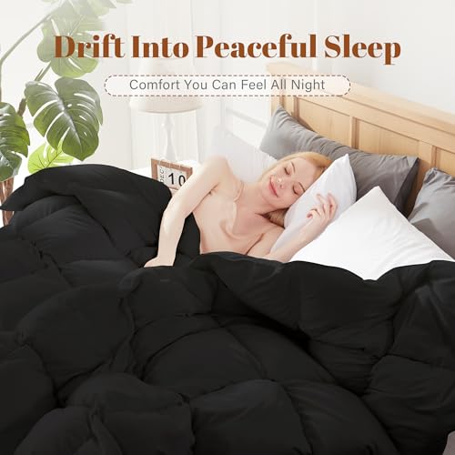 Image of Cosybay Feather and Down Fiber Comforter Insert King, 100% Cotton Cover | Medium Warmth Black Duvet Insert, Fluffy Soft Hotel Luxury Bedding for Bedroom, 106 x 90 Inches